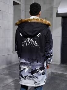 Manfinity Homme Men's Letter Print Gradient Fluffy Spliced Hooded Padded Coat - Black - View 2