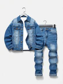 Áo khoác denim mềm mại thoải mái mới cho bé trai tuổi mới lớn + quần jeans, phù hợp để mặc hàng ngày - Rửa trung bình - Xem 1