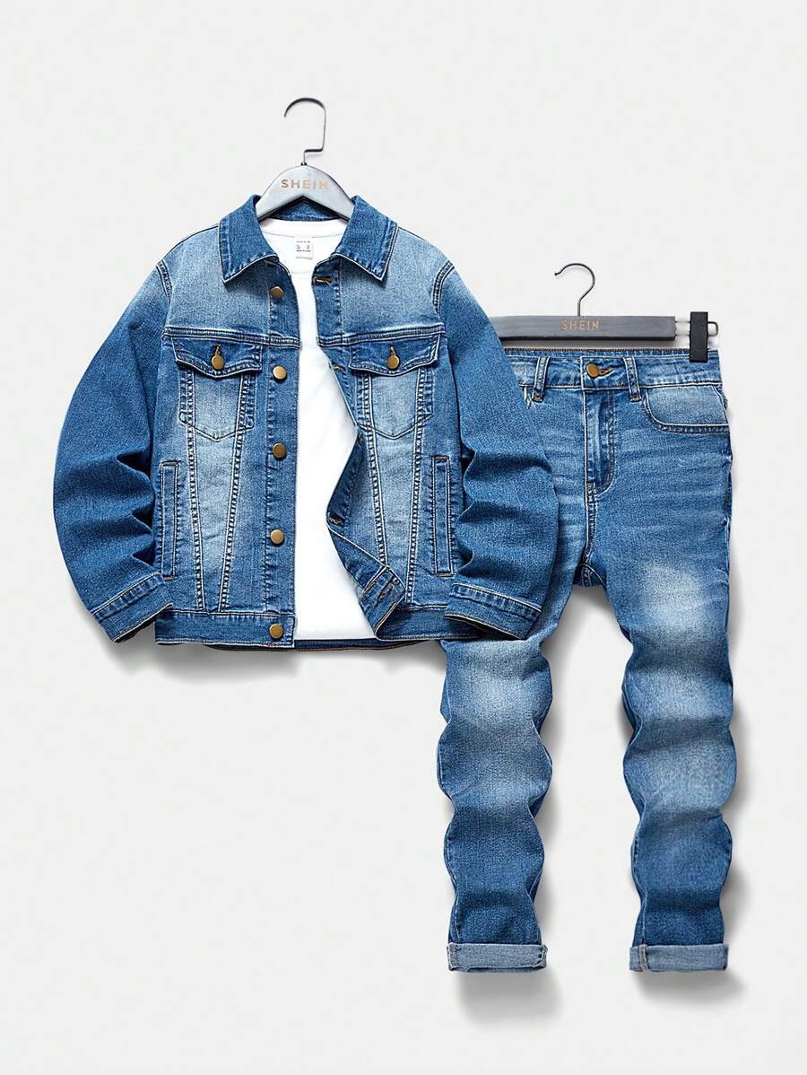 Áo khoác denim mềm mại thoải mái mới cho bé trai tuổi mới lớn + quần jeans, phù hợp để mặc hàng ngày - Rửa trung bình - Xem 1