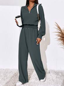 SHEIN Essnce Bộ 2 món áo hoodie trễ vai đơn giản, màu trơn, có khóa kéo nửa đầu, áo nỉ và quần ống đứng cho nữ - Màu xám đen - Xem 4