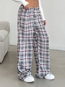 EURMUSE Low Waist Wide Leg Check Pattern ,Young Pants - Black - View 3