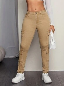 SHEIN SXY 女式常规腰部弹力工装裤，卡其色，多口袋设计，休闲紧身款式，适合所有季节 - 卡其色 - 查看 4