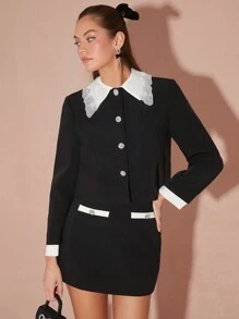 Enchnt Autumn/Winter Romantic Women's Black Contrast Color Exquisite Rhinestone Decor Cute Elegant Mini Skirt,For Halloween&Thanksgiving&Christmas Party&Pretty Date Nights&Romantic Dinner Dates - Black - View 4