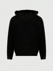 ROMWE MEN Goth Men's K-POP Casual Retro Print Zip Up Fleece Hooded Sweatshirt, Autumn/Winter, Long Sleeve Top - Black - View 2