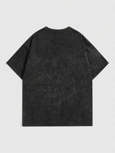 Street Life Camiseta oversize con lavado de nieve para hombres con caracteres y eslogan impresos, verano, escuela