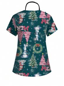 PopScrub Christmas Cartoon Snowman & Christmas Tree Print Nurse Scrub Uniform Set - White - View 7