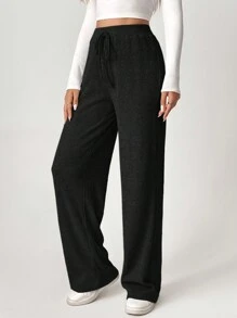 SHEIN Tall Ribbed Knit Knot Front Wide Leg Pants - Black - View 4