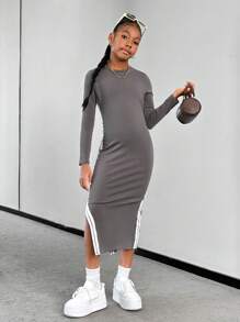 SHEIN Đầm suông cổ tròn tay dài xẻ tà phong cách cổ điển dành cho nữ sinh trung học - Xám - Xem 4