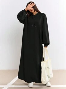 Mulvari Women Solid Color Hooded Casual Long Sleeve Sweatshirt Dress - Black - View 3