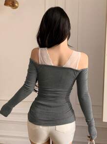 DAZY Women's Lace Patchwork Off Shoulder Long Sleeve Fitted T-Shirt