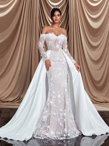 Glamrae 大码优雅香槟色透视斜肩长袖鱼骨喇叭鱼尾连衣裙，适合婚礼，派对，蜜月，白色新娘礼服 - 米色 - 查看 6