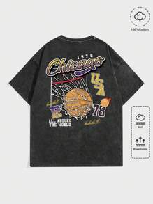 ROMWE MEN Street Life Spring/Summer Casual Graphic Men Snow Wash Vintage Letter Graphic Drop Shoulder Tee, Basketball Jersey, School - Black - View 1