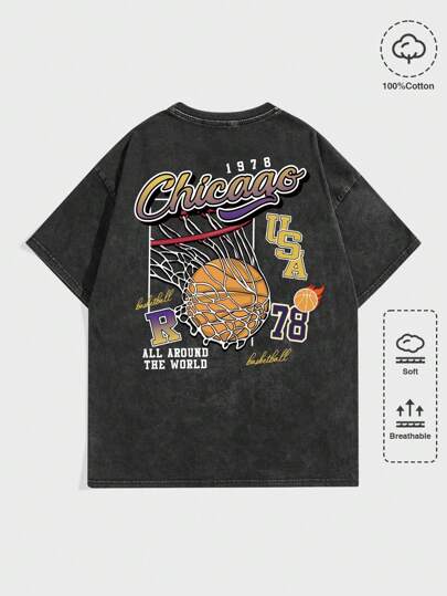 Street Life Men Snow Wash Vintage Letter Graphic Drop Shoulder Tee, Basketball Jersey, School