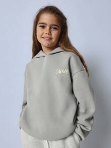 SUMWON Oversized, locker sitzender Pullover-Hoodie mit besticktem Gesichtslogo, grafischem Motiv vorne und hinten, Streetwear-Mode für Herbst/Winter, Jugendmode, lässiger Komfort - Grau - Übersicht 2