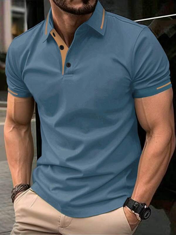 Manfinity Homme Men's Summer Casual Contrast Trim Button Placket Short Sleeve Polo Shirt, Polo Shirts For Men Collar