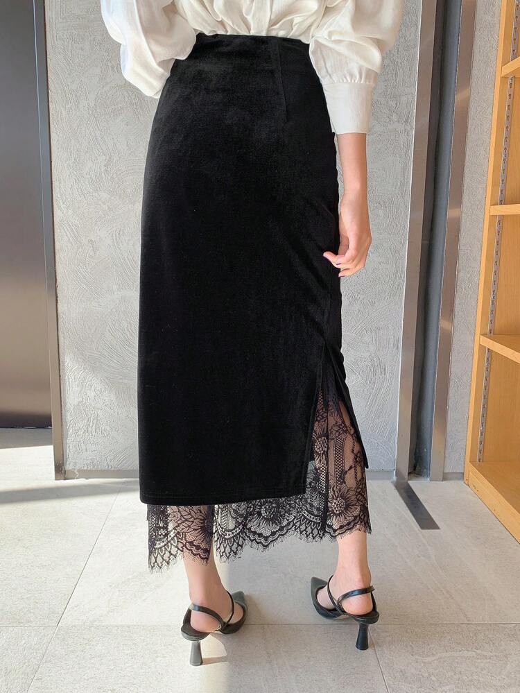Lace Patchwork Straight A-Line Women Skirt, Elegant And Fashionable,Fall Clothes Winter Women Skirts