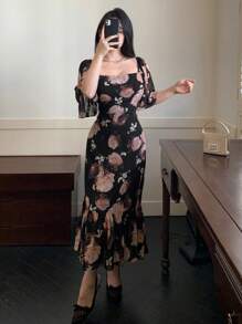 xheDAZY Vestido de gasa con estampado floral diminuto, cuello cuadrado, ribete de volantes y bajo de cola de pez, elegante conjunto de vacaciones de verano para mujeres, estilo boho para Pascuaxhe - Rosa Oxidada - Ver 4