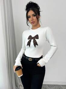SHEIN Unity Leopard Jacquard Bow Cropped Pullover Sweater - White - View 5