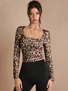 SHEIN BAE Body moulant à manches longues et col roulé avec imprimé léopard élégant pour femme. Convient pour la soirée, la fête, la tenue quotidienne simple, Noël