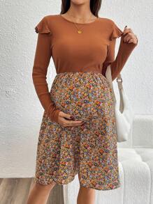 SHEIN 孕妇休闲花卉拼布长袖连衣裙，秋季 - 駝色 - 查看 4