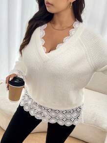 SHEIN Frenchy Plus Size V-Neck Lace Patchwork Pullover Sweater, Casual Style, For Winter Fall/Winter - White - View 6