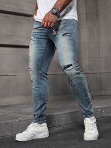 Manfinity LEGND Men's Light Blue Washed Stretch Denim Skinny Jeans - Light Wash - View 1