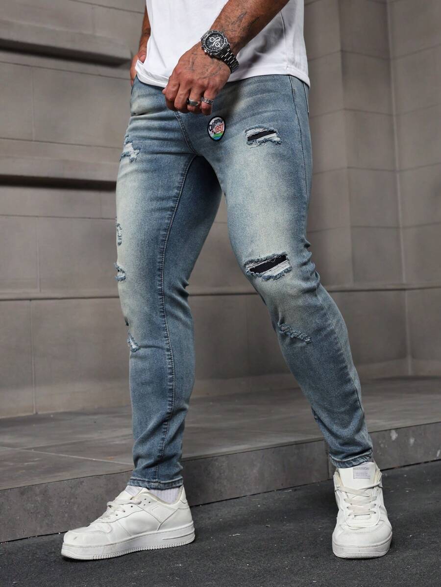 Manfinity LEGND Men's Light Blue Washed Stretch Denim Skinny Jeans - Light Wash - View 1