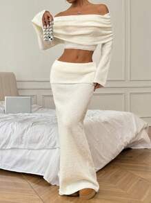 SHEIN Unity 2pcs Women Solid Color Off-Shoulder Tight Knit Sweater And Maxi Skirt Set, Spring/Fall - White - View 7