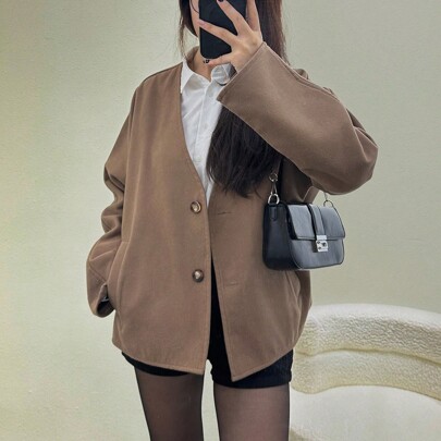 여성 솔리드 컬러 프론트 버튼 브이넥 포켓 캐주얼 긴팔 정규 재킷