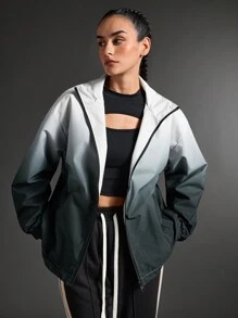 SHEIN Sports 女士前拉链长袖口袋渐变色简约休闲运动夹克 - 黑色 - 查看 1