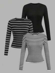 SHEIN EZwear 3pcs/Set Women Casual Round Neck Striped Solid Color Long Sleeve Tight Fit Tee Fall Clothes, Summer Outfits , Beach Outfits For Women, Summer Holiday Outfits, Holiday Outfits - Multicolor - View 1