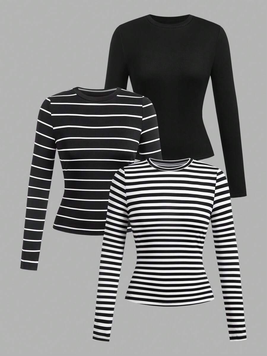 SHEIN EZwear 3pcs/Set Women Casual Round Neck Striped Solid Color Long Sleeve Tight Fit Tee Fall Clothes, Summer Outfits , Beach Outfits For Women, Summer Holiday Outfits, Holiday Outfits - Multicolor - View 1