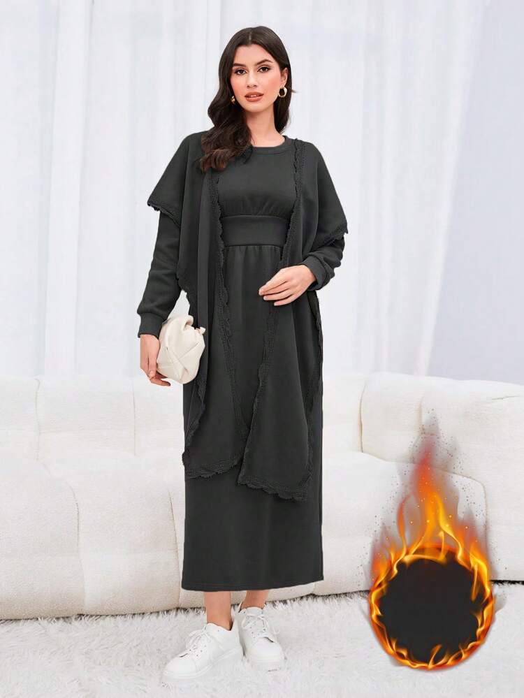 Drop Shoulder Dress With Double Pockets And Hooded Cape Coat With Lace Detailing