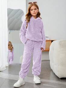 SHEIN Tween Mädchen 2-teiliges Set - einfarbiges flauschiges Kapuzen-Oberteil und extra lange Hose, locker, für Herbst und Winter, lässig - Mauve - Übersicht 4