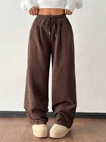SHEIN PETITE Women's Autumn And Winter Street Fashion Casual Retro Corduroy Textured Baggy Pants