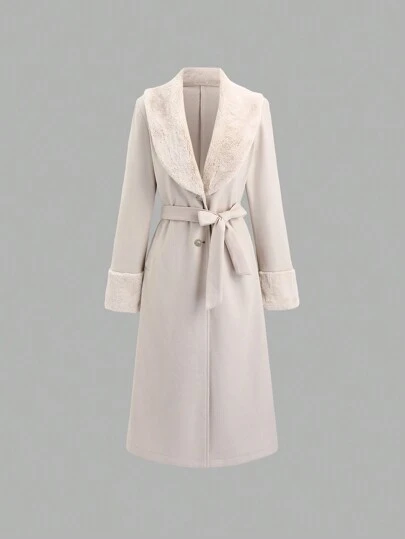 Sweetra Women Regular Trench Coat, Long Sleeve With Belt, Autumn/Winter Long  Lapel Warm Windproof Slim Casual Single-Breasted Apricot Retro French Style New Fall Cloth For Women