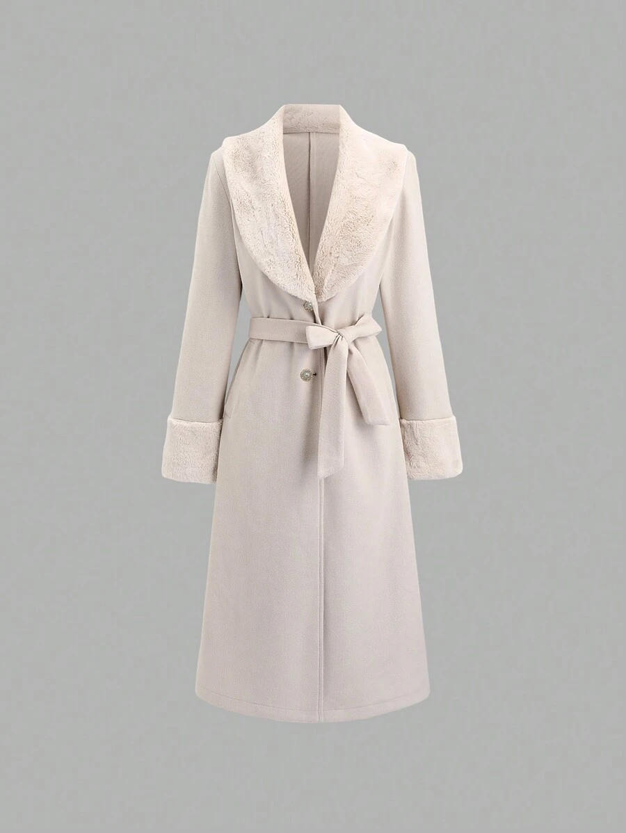 Sweetra Women Regular Trench Coat, Long Sleeve With Belt, Autumn/Winter Long  Lapel Warm Windproof Slim Casual Single-Breasted Apricot Retro French Style New Fall Cloth For Women - Apricot - View 1