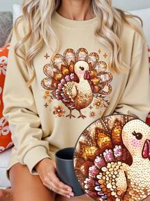 INAWLY Thanksgiving Turkey Graphic Print Women Crew Neck Long Sleeve Casual Sweatshirt,Autumn/Winter Pullover Fall - Apricot - View 1