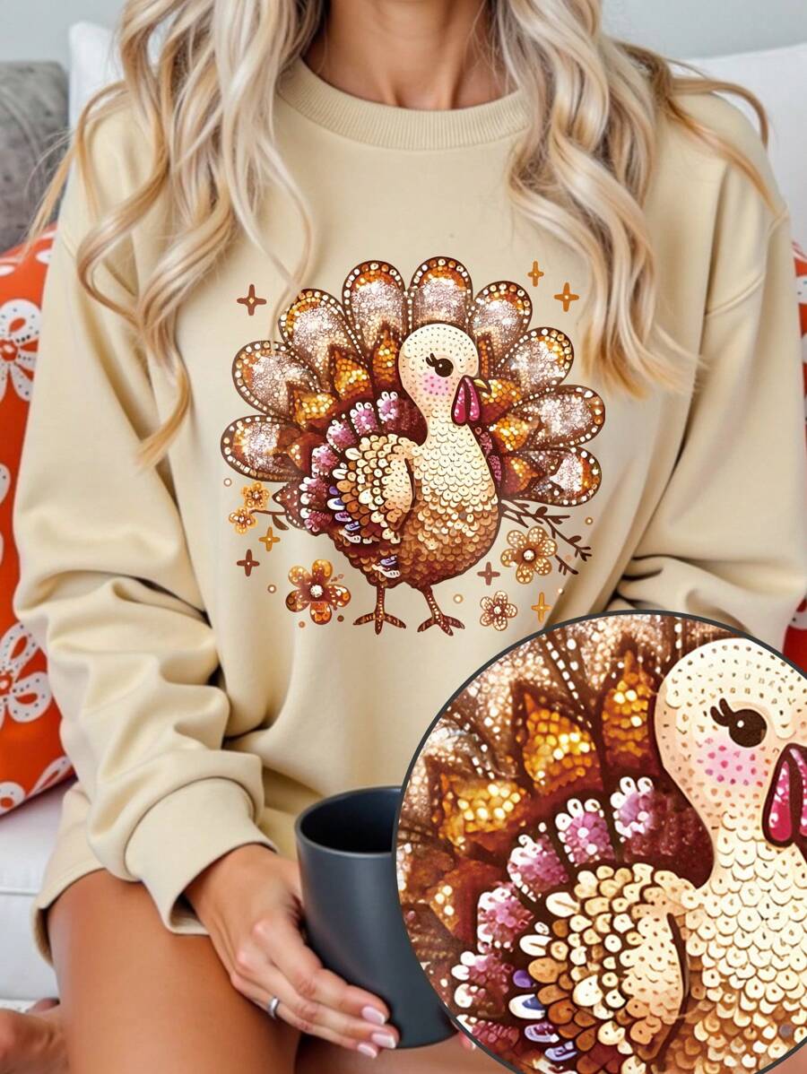 INAWLY Thanksgiving Turkey Graphic Print Women Crew Neck Long Sleeve Casual Sweatshirt,Autumn/Winter Pullover Fall - Apricot - View 1