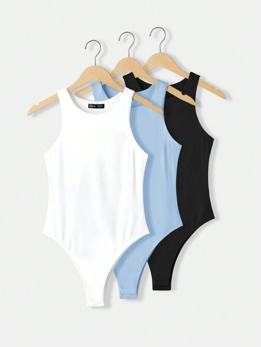 SHEIN BASICS 3 件套休闲圆领无袖紧身衣，纯色针织紧身女式 - 淺藍色 - 查看 1