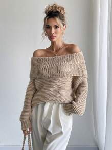 SHEIN LUNE Áo len chui đầu hở vai cỡ lớn đính lưới Rhinestone, thu/đông - Màu Khaki - Xem 7