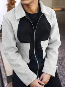 Manfinity Homme Men Contrast Color Long Sleeve Zip Front Utility Pocket Casual Jacket, Autumn, Going Out Basic Light Jacket Color Block Flannel Jacket, For Friends, Husband, Boyfriend Gifts - Multicolor - View 1