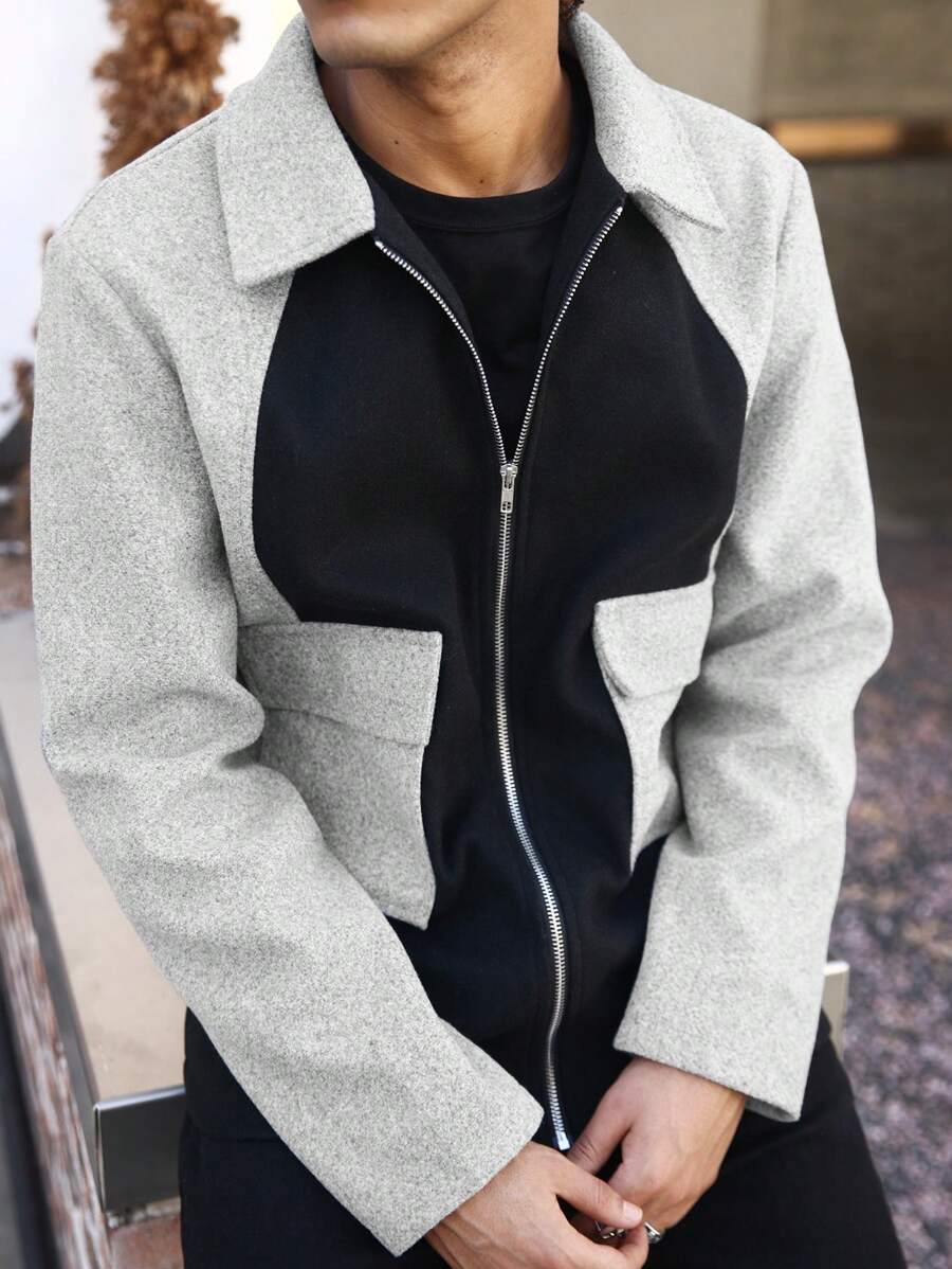 Manfinity Homme Men Contrast Color Long Sleeve Zip Front Utility Pocket Casual Jacket, Autumn, Going Out Basic Light Jacket Color Block Flannel Jacket, For Friends, Husband, Boyfriend Gifts - Multicolor - View 1