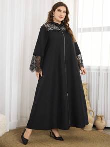 Al Najma Váy dài tay phong cách Ả Rập, hở phía trước bằng ren phối ren cỡ lớn cho nữ, váy Abaya Ả Rập thanh lịch, giản dị, mặc hàng ngày/tiệc tùng - màu đen - Xem 3