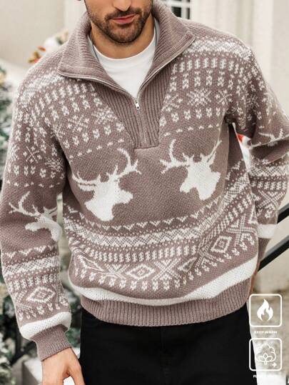Manfinity Homme Men's Casual Deer Pattern Half-Placket Long Sleeve Christmas Fashion Cable Knit Colorful Graphic Sweater, Autumn/Winter,For Going Out, Friends