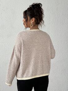 Flirla Plus Size Women Knit Crew Neck Fleece Pocket Long Sleeve Casual Cardigan Sweater - Khaki - View 2