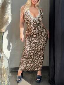 SHEIN SXY Plus Size Women Sleeveless Knit Leopard Print Contrast Lace Bodycon Dress - Multicolor - View 3