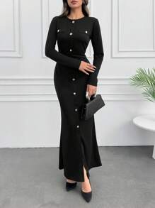 SHEIN Tall Long Sleeve Button Detailed Midi Dress - Black - View 3