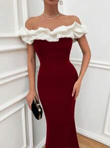 EURMUSE Two Tones Off Shoulder Ruffle Trim Bodycon Dress, Elegant Dress Dinner Date Red And White Summer - Burgundy - View 4