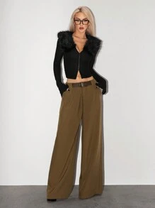 SHEIN ICON Extra Low Waist Belt Decor Pleated Loose Wide-Leg Extra Long Pants - Brown - View 2